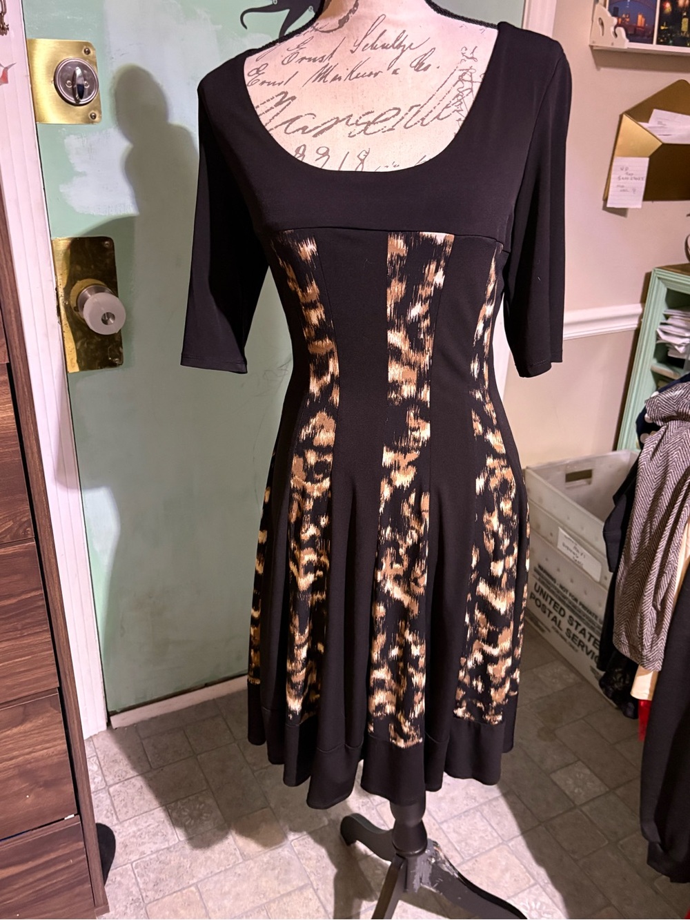 connected apparel Black Midi Dress with Brown Animal-Print Panels